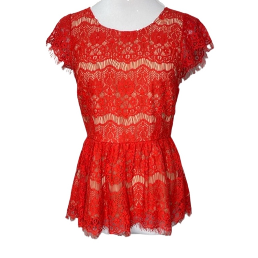 Anthropologie Maeve Short Sleeve Lace Peplum Top